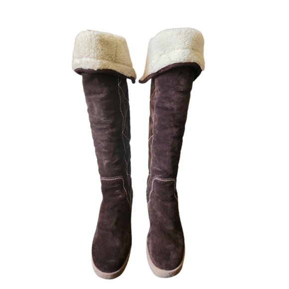 MICHAEL KORS "CROSBY" BROWN SUEDE KNEE HIGH WEDGE HEEL BOOTS - Picture 2 of 8
